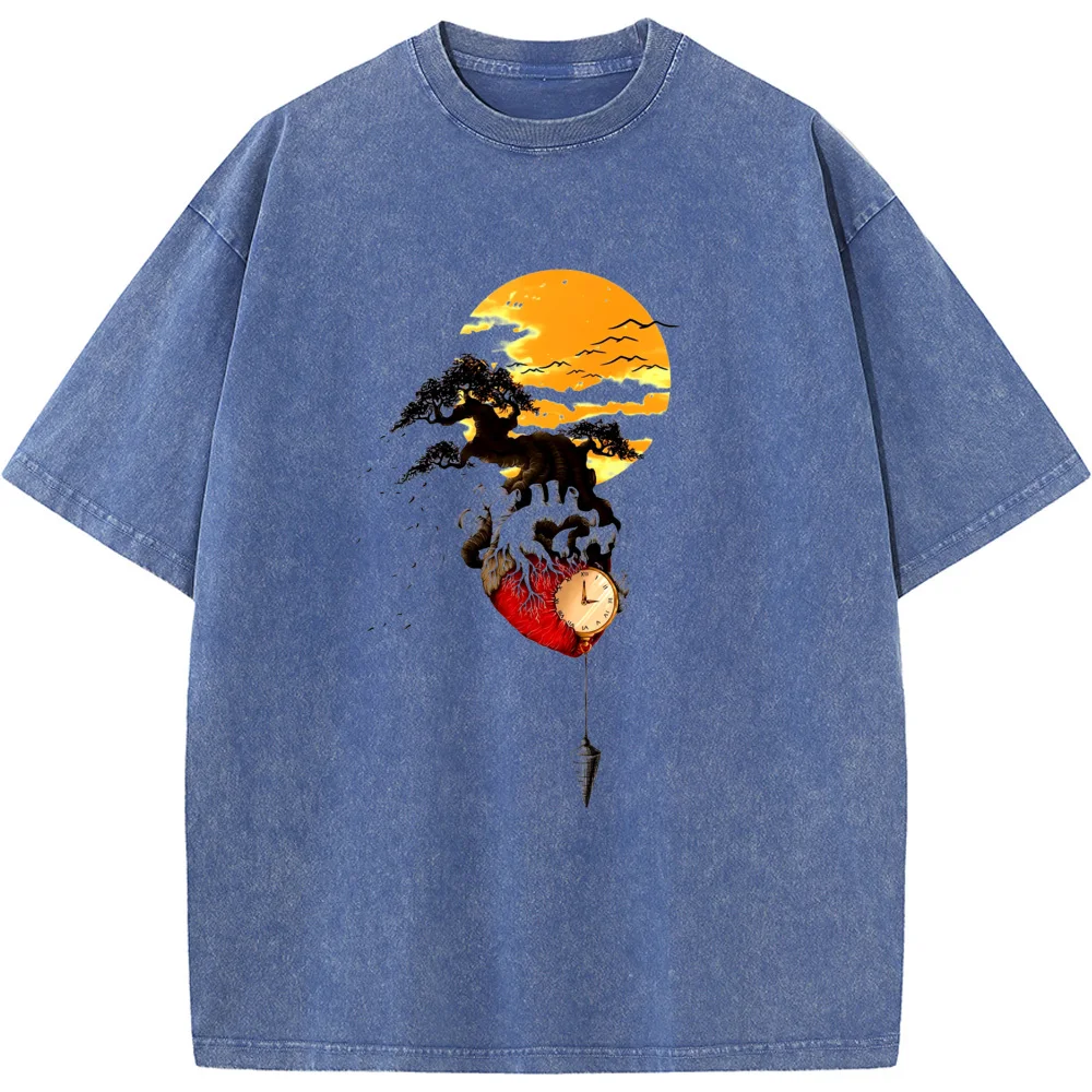 

Time Sunset Mountain Men/Women Washed T-Shirt 230g Cotton Funny Loose Bleached Tshirt Retro Hip Hop Bleach T shirt Tops Tee