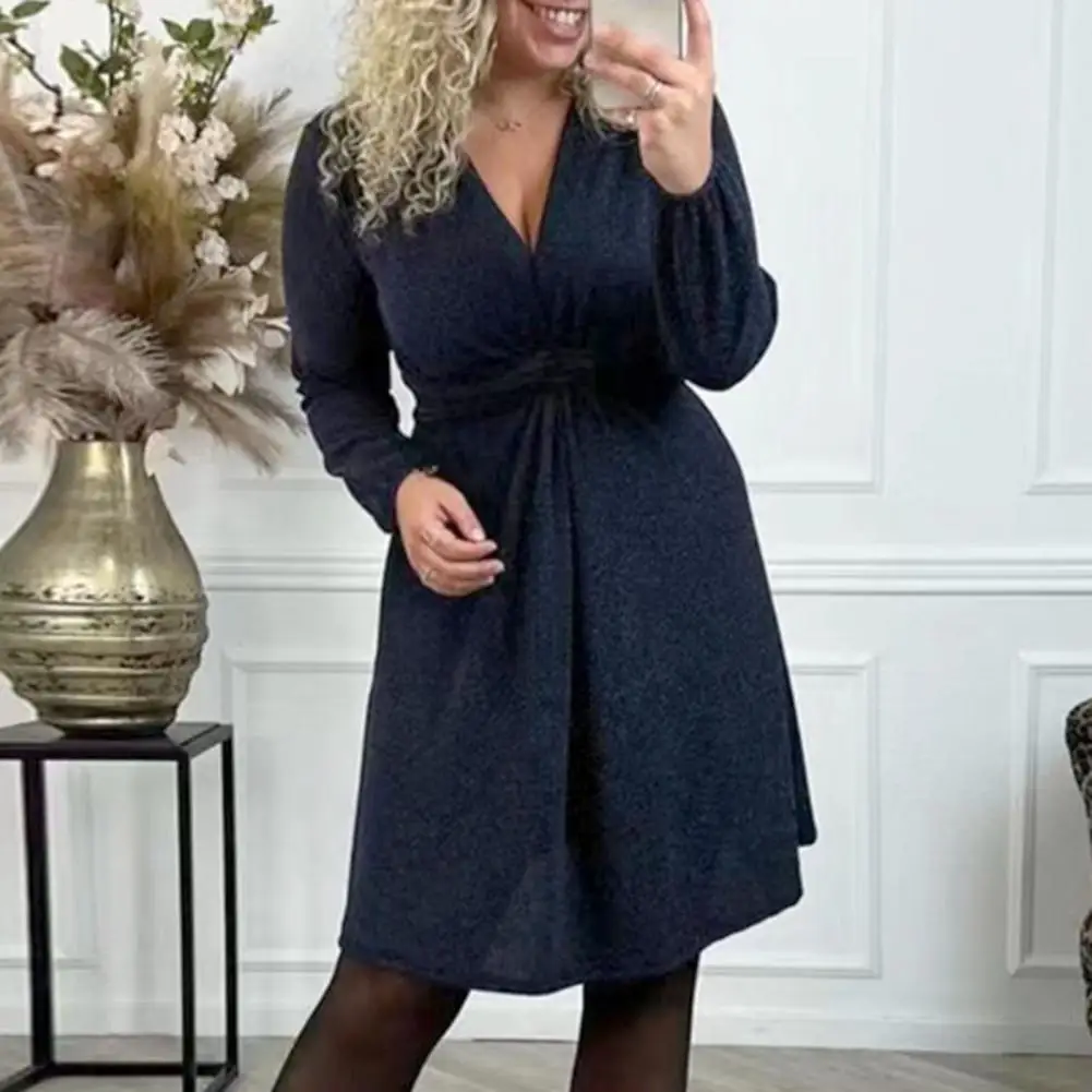 

Soft Dress Elegant V Neck Long Sleeves Midi Dress with Twist Knot Detail High Waist for Women Solid Color Soft Spring Commute