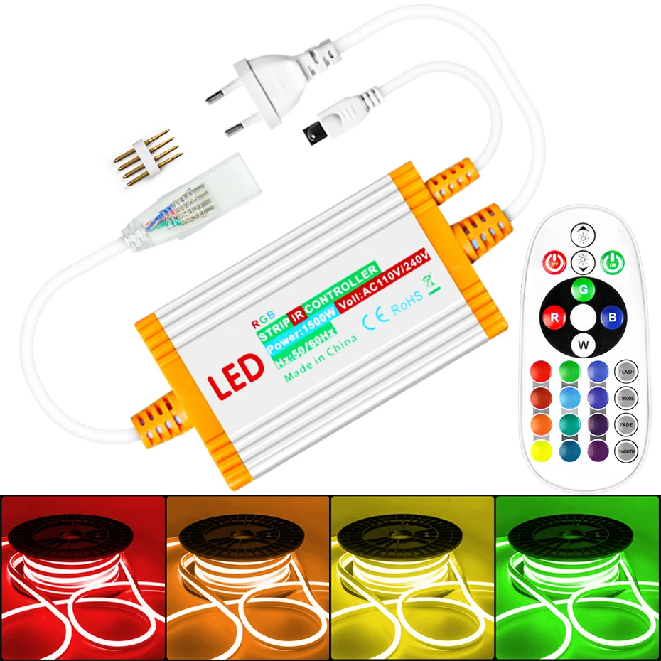

RGB Controller 1500W IP68 Waterproof Dimmable For 5050 2835 220V LED Strip Neon Light with 24Key Infrared Remote Control EU Plug
