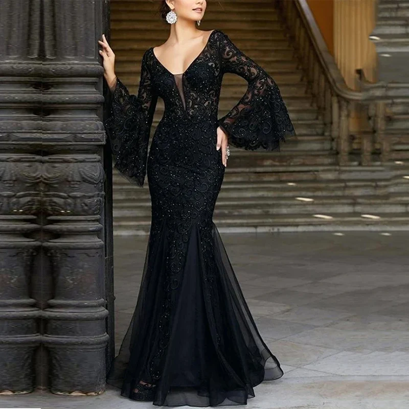

Lace Evening Dress For Ladies Elegant Sexy Slim Long Fishtail Dresses Fashion V-neck Flare Sleeved Beading Women's Banquet Gowns