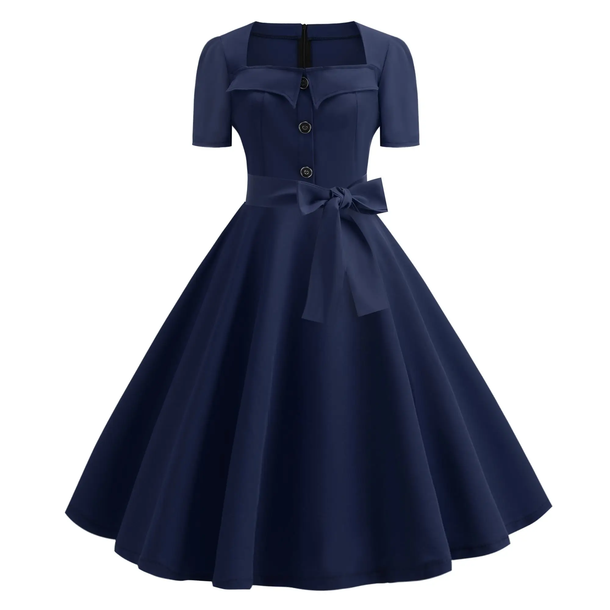 

Commuting Solid Color Hepburn Style Short Sleeved Waist Tied Large Hem FluFFy Skirt Dress For Women's Fashion