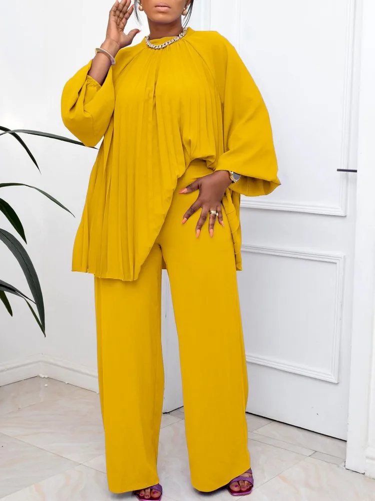 Solid Color Two Piece Outfits Lounge Wear For Women Long Sleeve Pleated Top+Straight Leg Pants Homecoming Matching Sets Outwear 
Solid Color Two Piece Outfits Lounge Wear For Women Long Sleeve Pleated Top+Straight Leg Pants Homecoming Matching Sets Outwear