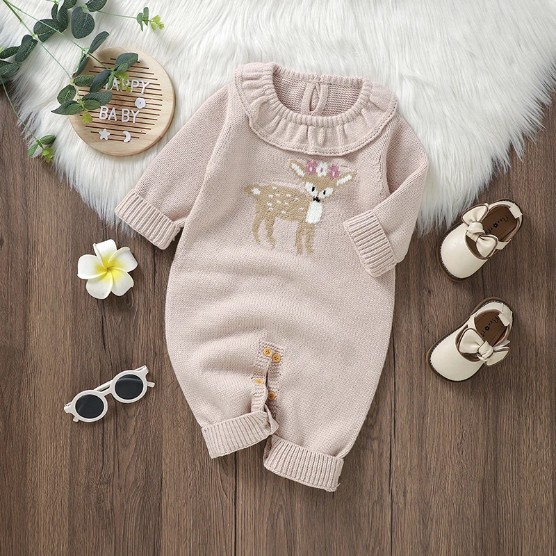 

Newborn Baby Rompers Knit Girl Infant Jumpsuit Fashion Pink Ruffles Cute Sika Deer Toddler Kid Clothing Long Sleeve Autumn 0-18M