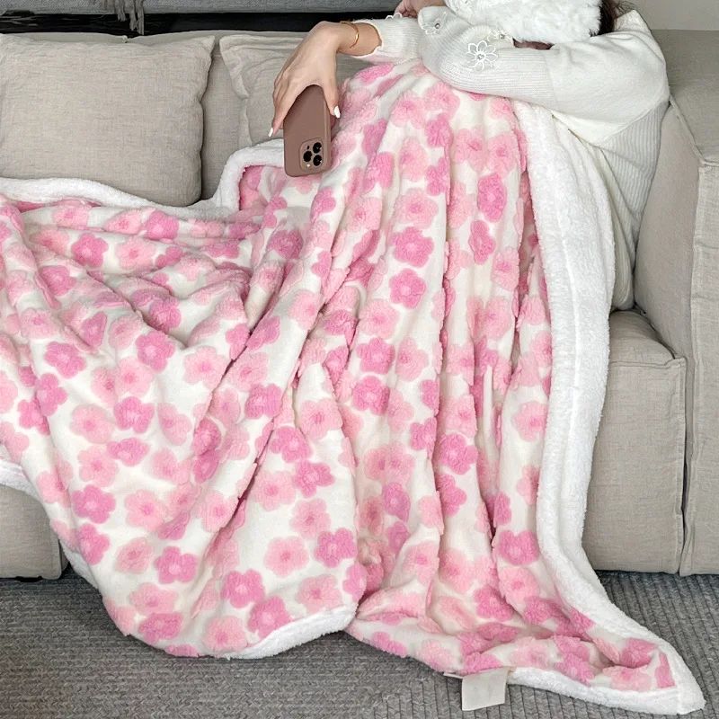 

Korean-style Dream Heart Cherry Blossom Blanket Jacquard Lamb Velvet Thickened Office Nap Blanket Casual Simple Sofa Blanket