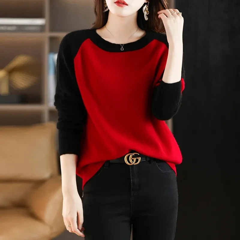 Women Red Black Spliced Knitted Sweaters Loose Simple Fashion Winter Thcik New Woollen Knitwear Female Top O-neck Pullover
Women Red Black Spliced Knitted Sweaters Loose Simple Fashion Winter Thcik New Woollen Knitwear Female Top O-neck Pullover