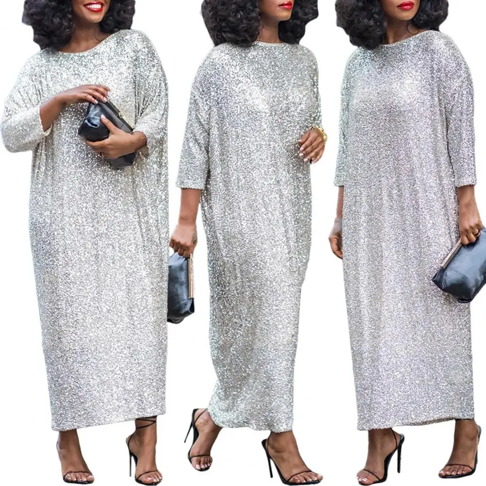 

Fall Spring Women Dress Elegant Sequin Maxi Dress for Women Oversized O Neck Three Quarter Sleeve Ankle Length Soft Pullover