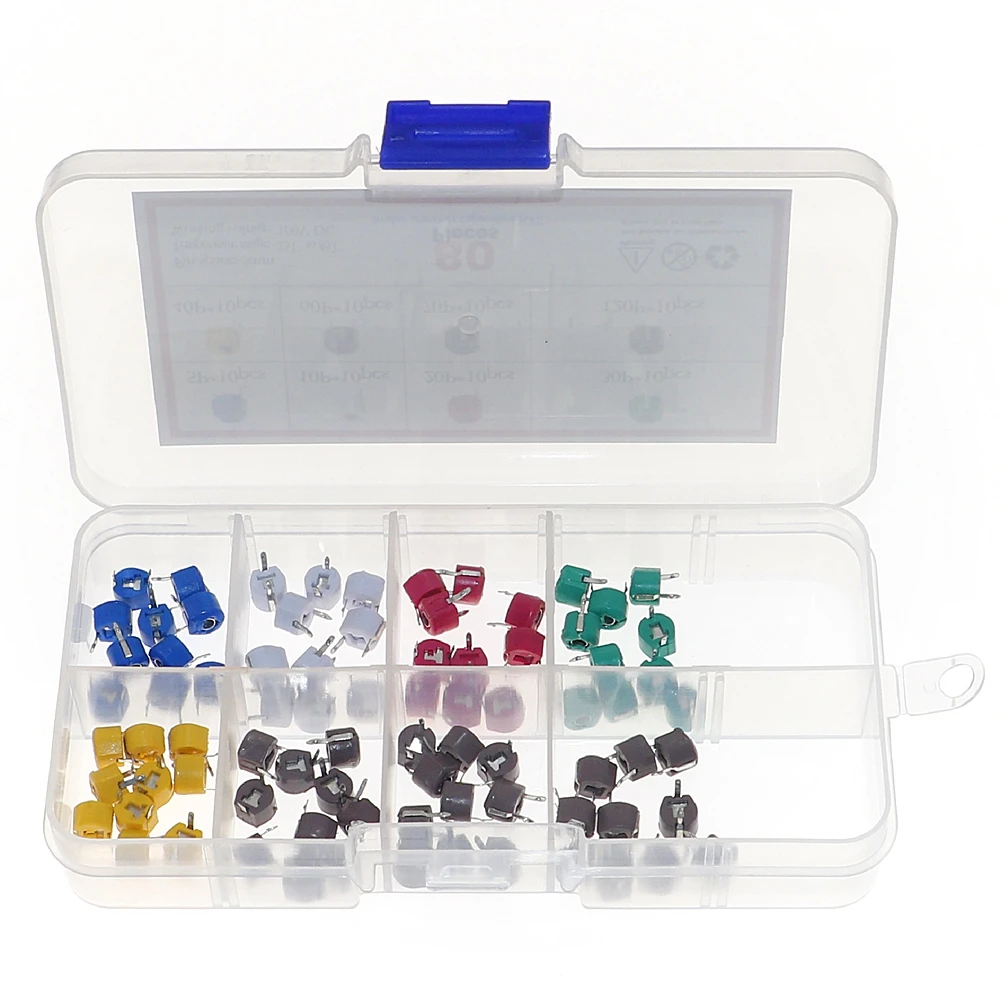 Набор регулируемых конденсаторов с переменным конденсатором, 80 шт./коробка, 6 мм, 5/10/30/60/120P
Набор регулируемых конденсаторов с переменным конденсатором, 80 шт./коробка, 6 мм, 5/10/30/60/120P