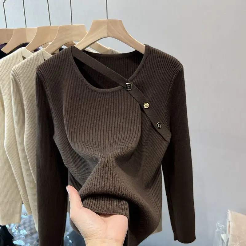 

Women's Spring and Autumn Round Neck Long Sleeve Knitwear Fashion Fashion Casual Versatile Solid Color Elegant Commuter Tops