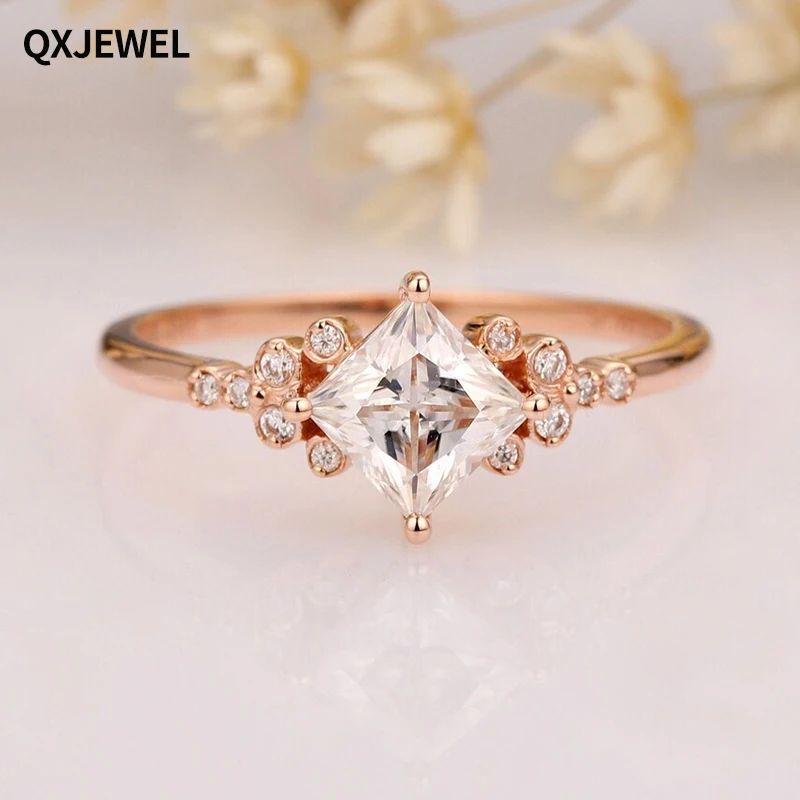 

QXJEWEL 5x5mm Princess Cut Moissanite Diamond Engagement Ring 14k Rose Gold Vintage Personalized Custom Art Deco For Women