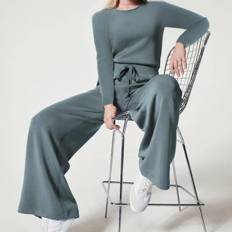 

2023 New Women Streetwear Air Essentials Jumpsuit Playsuit Bodysuits Casual Lady Loose Long Sleeve Romper Belted Wide Leg Pants