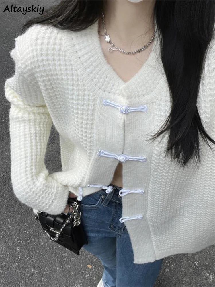 

White Sweater Cardigans Women Vintage Button Design Graceful All-match College Autumn Knitted Outerwear Daily Chic Sweat Female