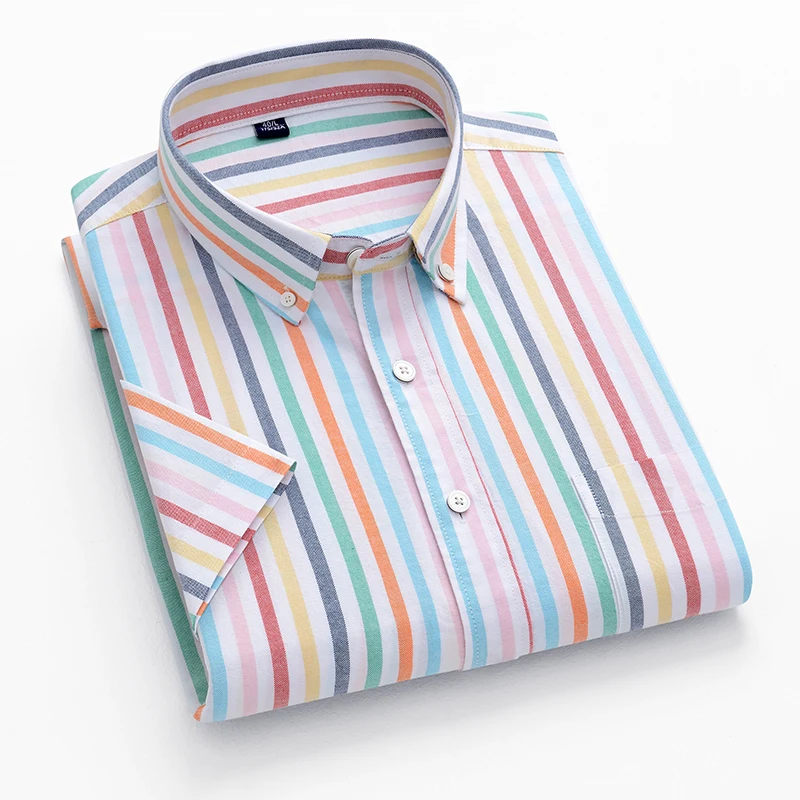 

Рубашка мужская из ткани Оксфорд, хлопок 100%, короткий рукав, приталенная, повседневная простая, мягкая полосатая, офисный Топ, популярная одежда в Корейском стиле на лето