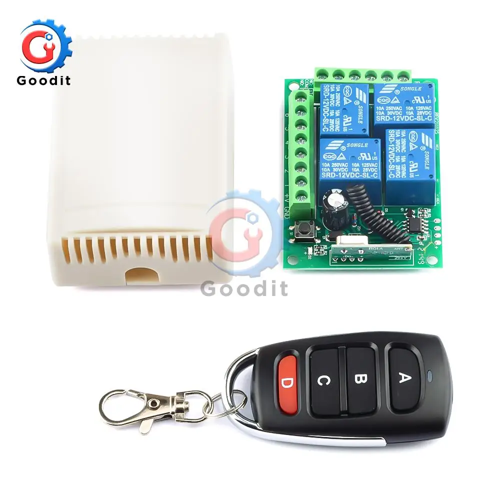 

Universal 433Mhz Wireless Switch DC12V 4CH Relay Receiver Module + 4botton RF Remote Control Transmitter for Garage Car Gate