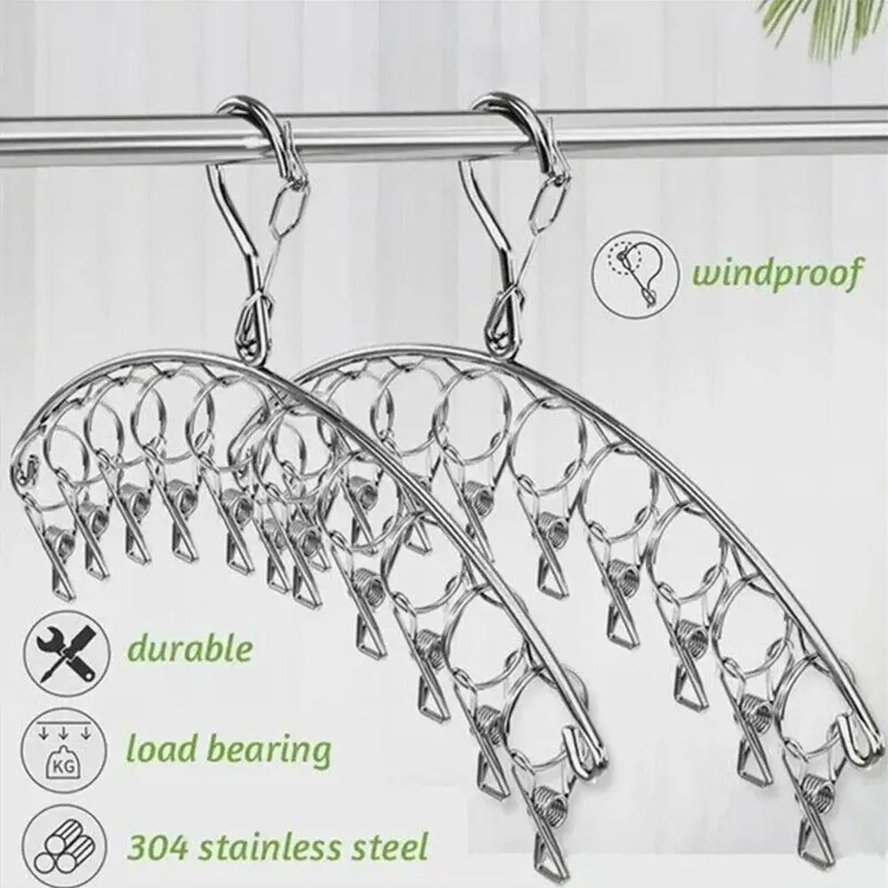 

8/10/20Pegs Stainless Steel Clothes Drying Hanger Windproof Clothing Rack Clips Sock Laundry Airer Hanger Underwear Socks Holder