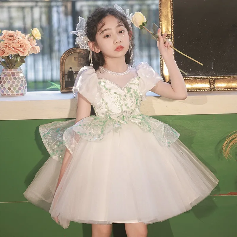

2024 Dress for Young Girls Elegant Ceremony Girl Clothes Children Beading Tulle Ball Gowns for Evening Party Kids Gala Dresses