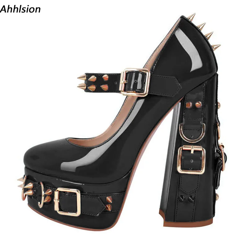 

Ahhlsion Women Spring Pump Patent Leather Studded Buckle Strap Block Heels Round Toe Pretty Black Punk Shoes Ladies US Size 5-20