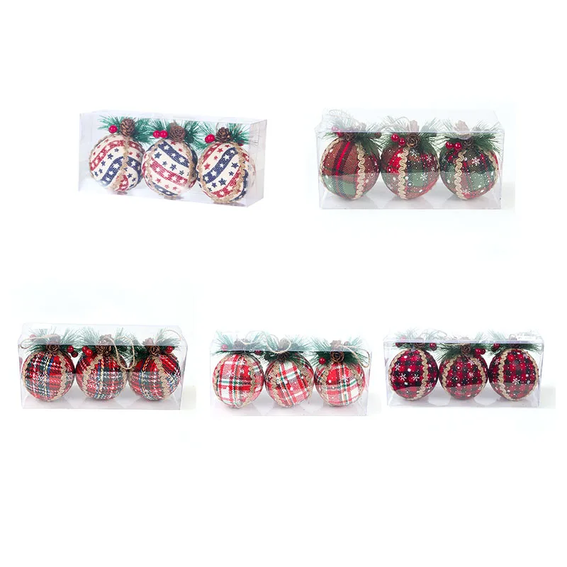 

3Pcs Red Plaid Painted Balls Christmas Tree Ornaments Gift PVC Ball Hanging Holiday Party Decor Christmas Pendant Home