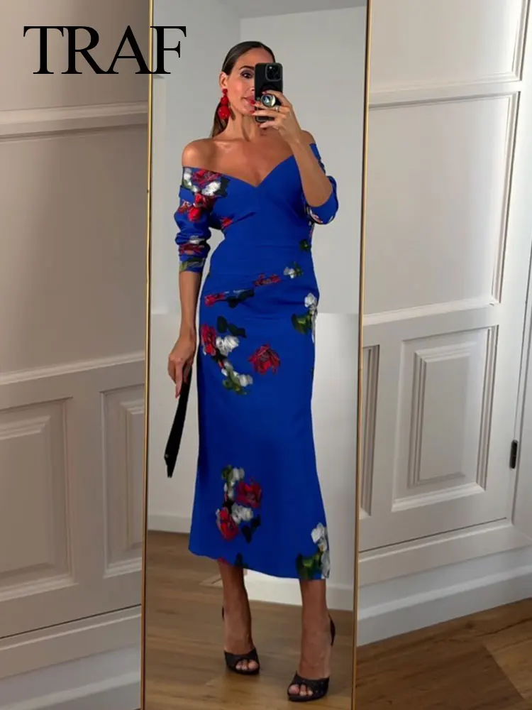 

TRAF Woman's Fashion Spring Chic Dress Blue Floral V-Neck Long Sleeves Folds Slit Decorate Zipper Female Bohemian Long Dresses