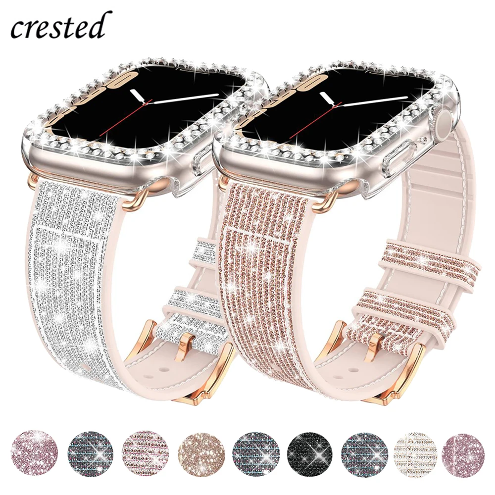 

Bling Case+silicone Leather Strap For Apple watch band 41mm 45mm 40mm 44mm 38mm 42mm 45 bracelet iWatch serie 3 4 5 6 se 7 strap