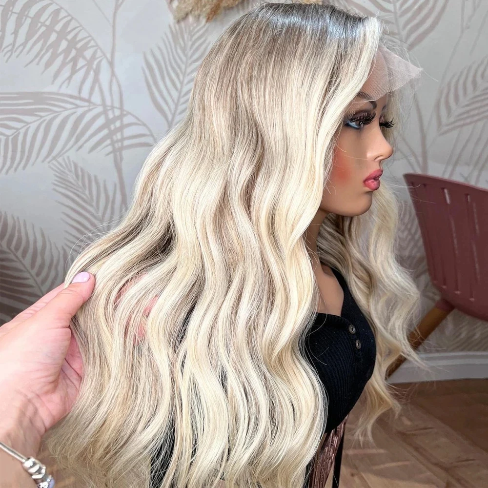 

QW Ombre Ash Blonde Highlights Glueless Synthetic Hair Wigs for Women Lace Frontal Wig Lights Roots Loose Wave Wig PrePlucked