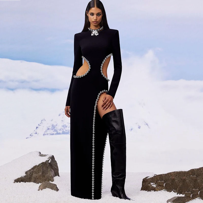 Black Round Neck Long Sleeved Hollowed Out Diamond High Slit Long Dress Fashionable Women's Bandage Skirt
Black Round Neck Long Sleeved Hollowed Out Diamond High Slit Long Dress Fashionable Women's Bandage Skirt