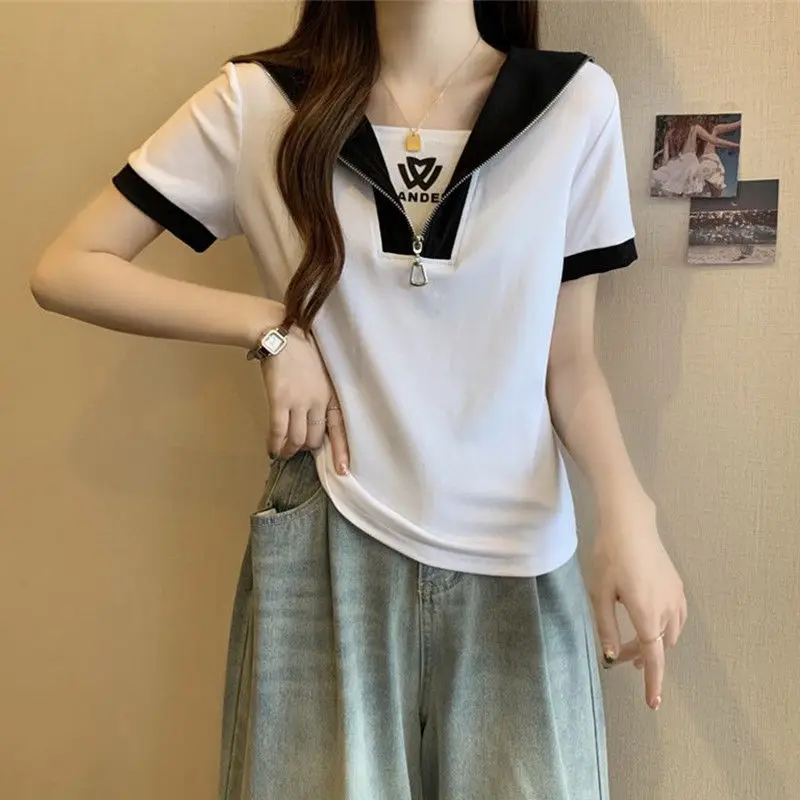 Fashion Sailor Collar Spliced Printed Letter Casual T-Shirts Female Clothing 2024 Summer New Loose Korean Tops Sweet Tee Shirt
Fashion Sailor Collar Spliced Printed Letter Casual T-Shirts Female Clothing 2024 Summer New Loose Korean Tops Sweet Tee Shirt