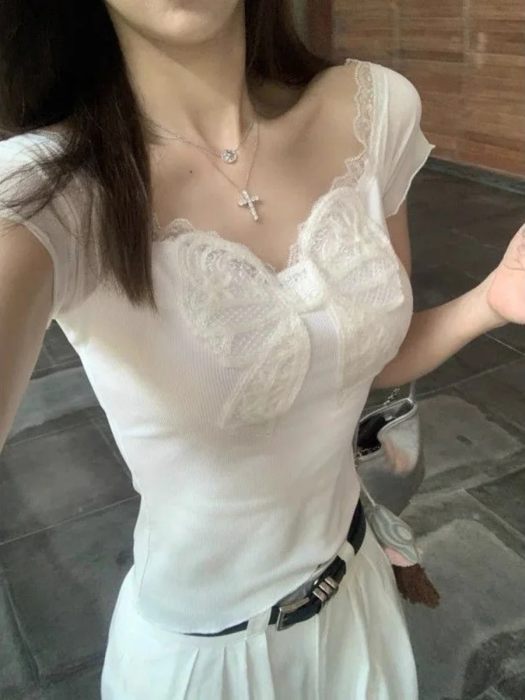 Deeptown Lace Off Shoulder White T Shirts Women Korean Style Coquette Aesthetic Crop Tops Sweet Y2k Bow Short Sleeve Tee Summer
Deeptown Lace Off Shoulder White T Shirts Women Korean Style Coquette Aesthetic Crop Tops Sweet Y2k Bow Short Sleeve Tee Summer