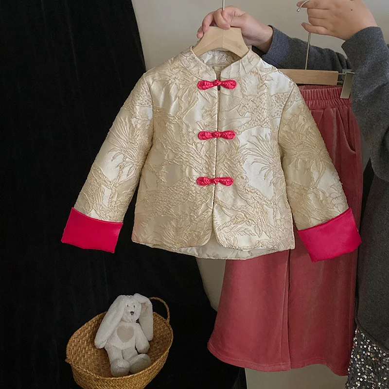 

Детский китайский Новогодний комплект Hanfu, комплект из 2 предметов, Женские топы и брюки, жаккардовая рубашка-Ципао и брюки, Новогодняя одежда