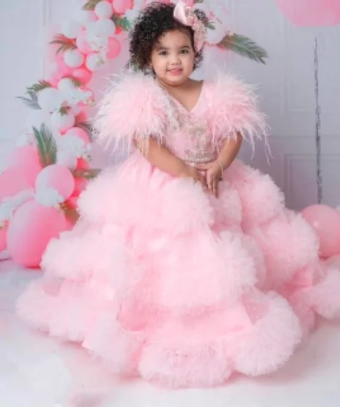 

Pink Pretty Girls Dresses Feather Sleeve Flower Girl Dress Kids Children Birthday Party Gown Princess Prom Pageant Dress