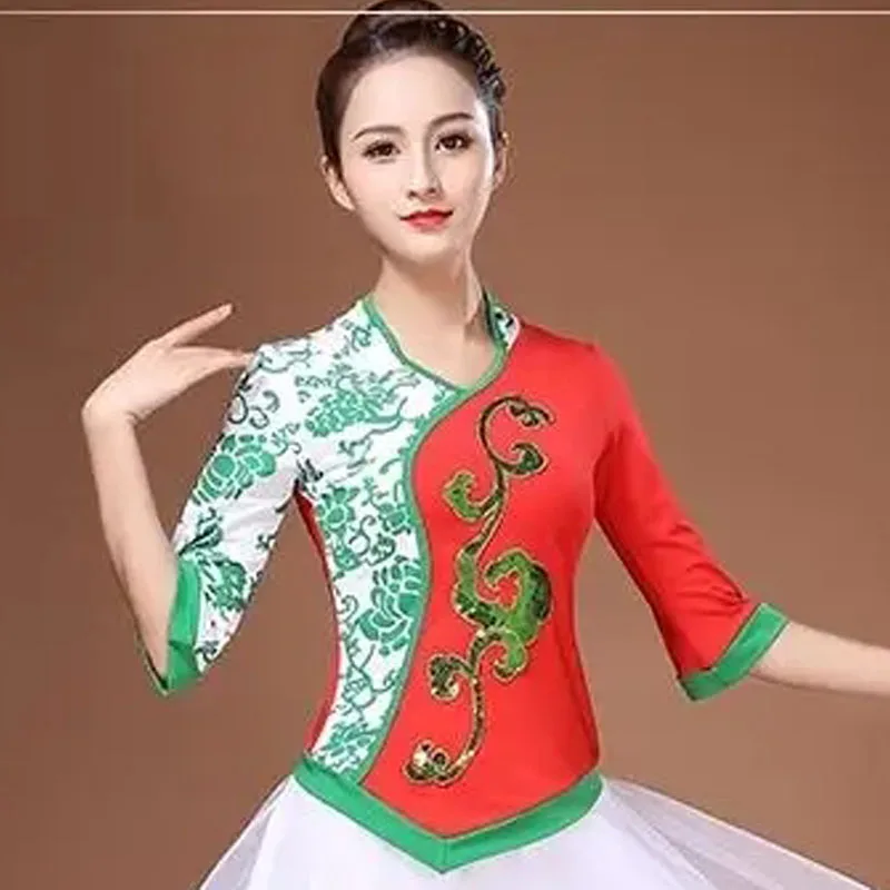 

Cheongsam Women Plus Size Tops 2024 Spring Cotton Blend Prints Splicing V-Neck Embroidery Chinese Style Dance Qipao Shirts Woman