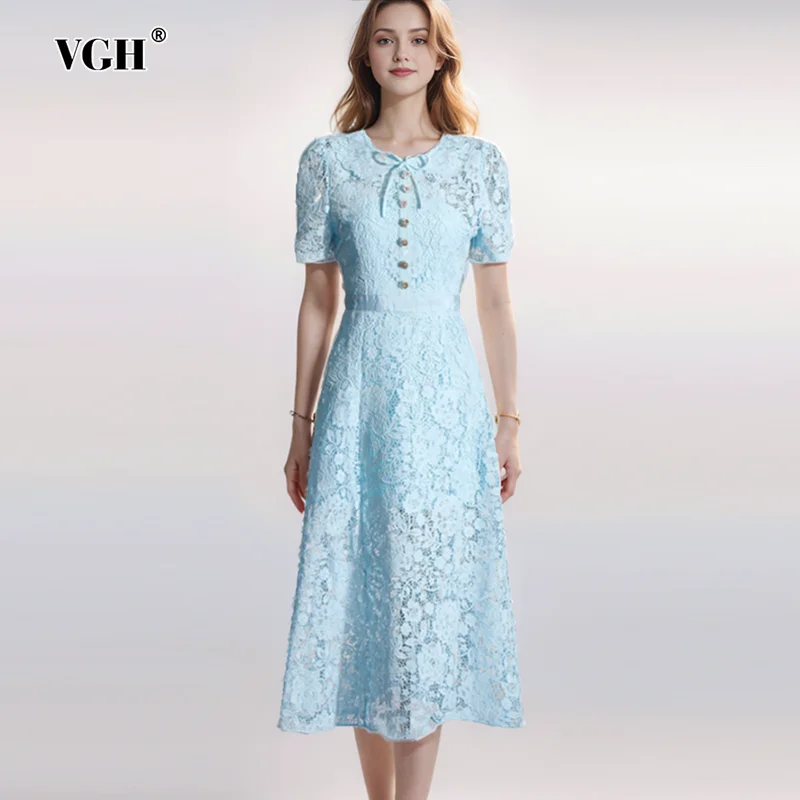 

VGH Solid Patchwork Lace Up Elegant Dresses For Women Round Neck Short Sleeve High Waist Spliced Button Slimming Dress Female