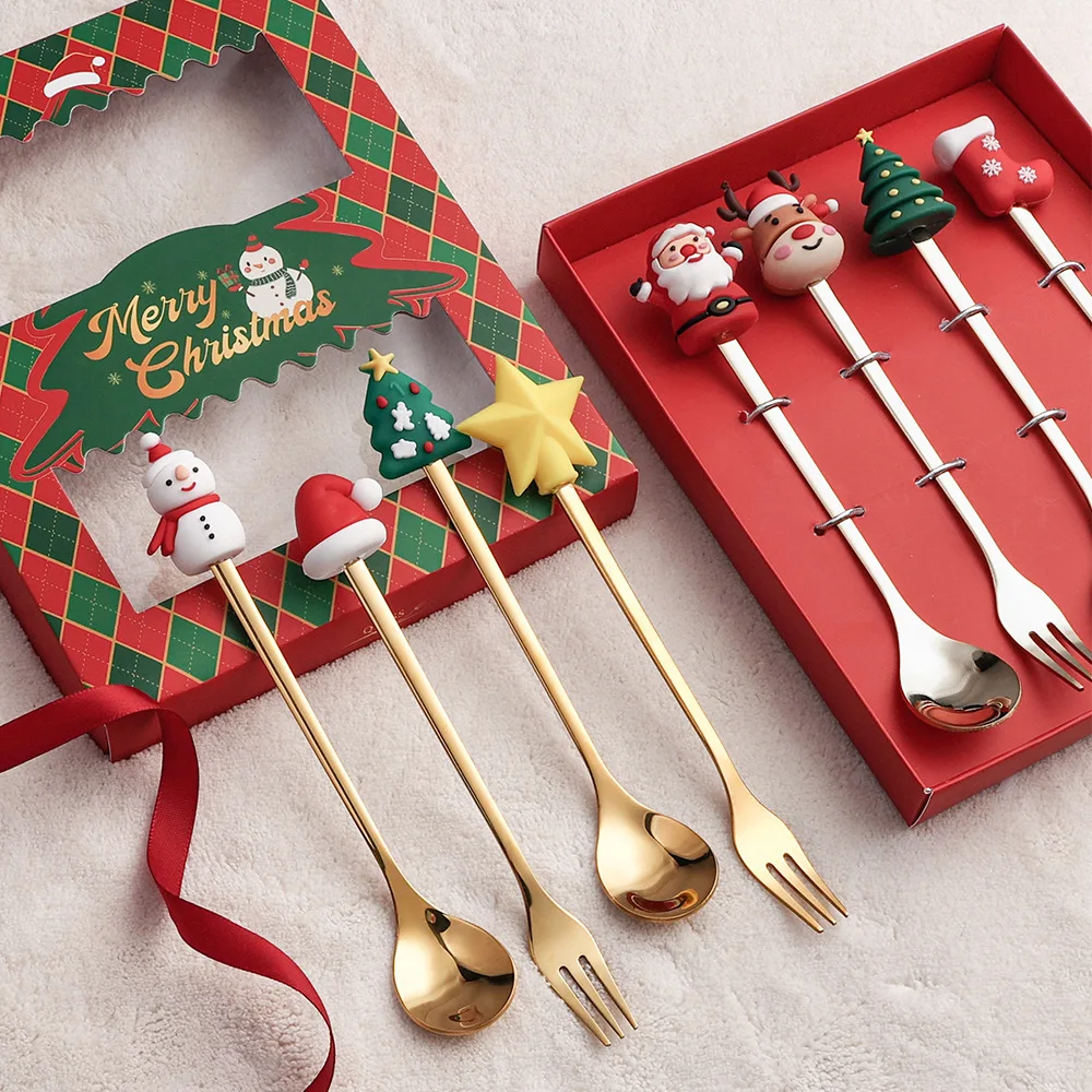 

Christmas Cutlery Spoon Fork Set Elk Gift Christmas Tree Snowman Santa Claus Decoration Dessert Spoon Fruit Fork Coffee Spoon