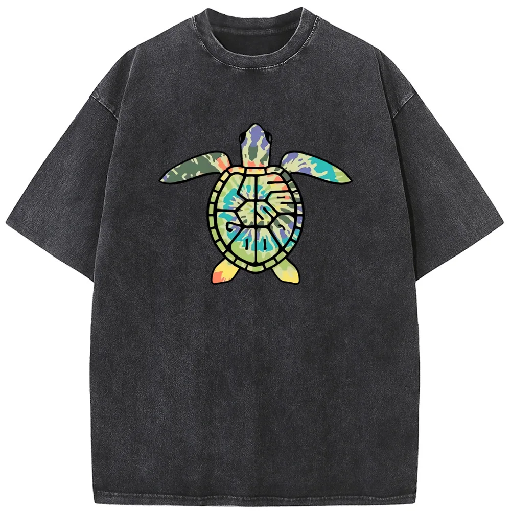 

Tie-Dyed Turtle Print Men/Women Washed T-Shirt 230g Cotton Funny Loose Bleached Tshirt Retro Fashion Hip Hop Bleach T shirt Tops