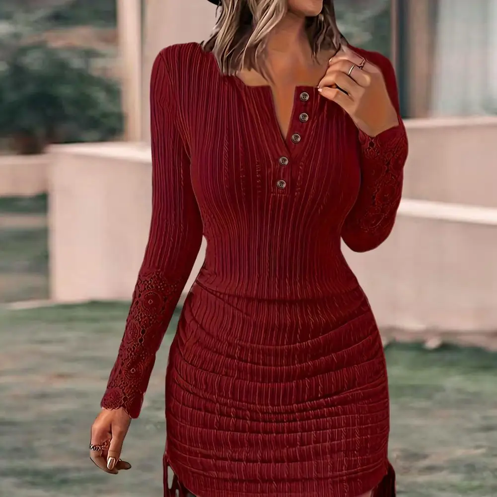 Women Mini Dress Long Sleeve Lace Panel Dress Elegant Lace Stitched Bodycon Dress with Drawstring Detail Women's Slim for Autumn
Women Mini Dress Long Sleeve Lace Panel Dress Elegant Lace Stitched Bodycon Dress with Drawstring Detail Women's Slim for Autumn
