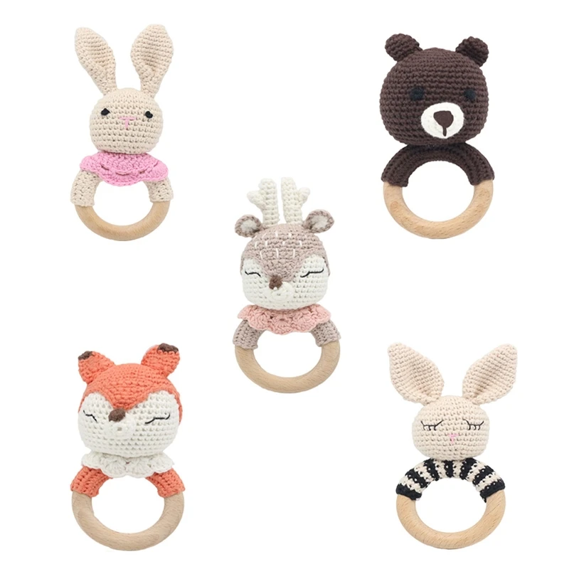 

RIRI Baby Teether Wooden Ring Handmade BPA Free Chewing Teething Toys Cotton Thread Crochet Animal Rattle Knitted Hand Bell