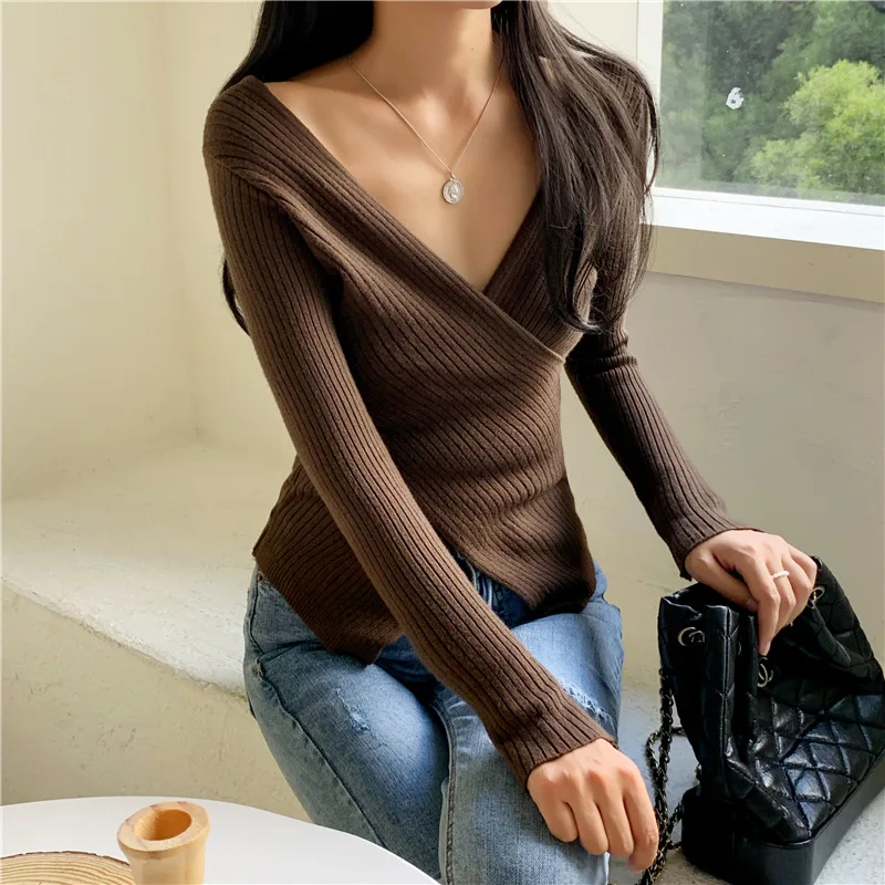 New Autumn Winter Women Rib-Knit Stretchable V Neck Crisscross Wrap Sweater Pull slim sexy Knitted Pullovers Y2k Jumper Tops 
New Autumn Winter Women Rib-Knit Stretchable V Neck Crisscross Wrap Sweater Pull slim sexy Knitted Pullovers Y2k Jumper Tops