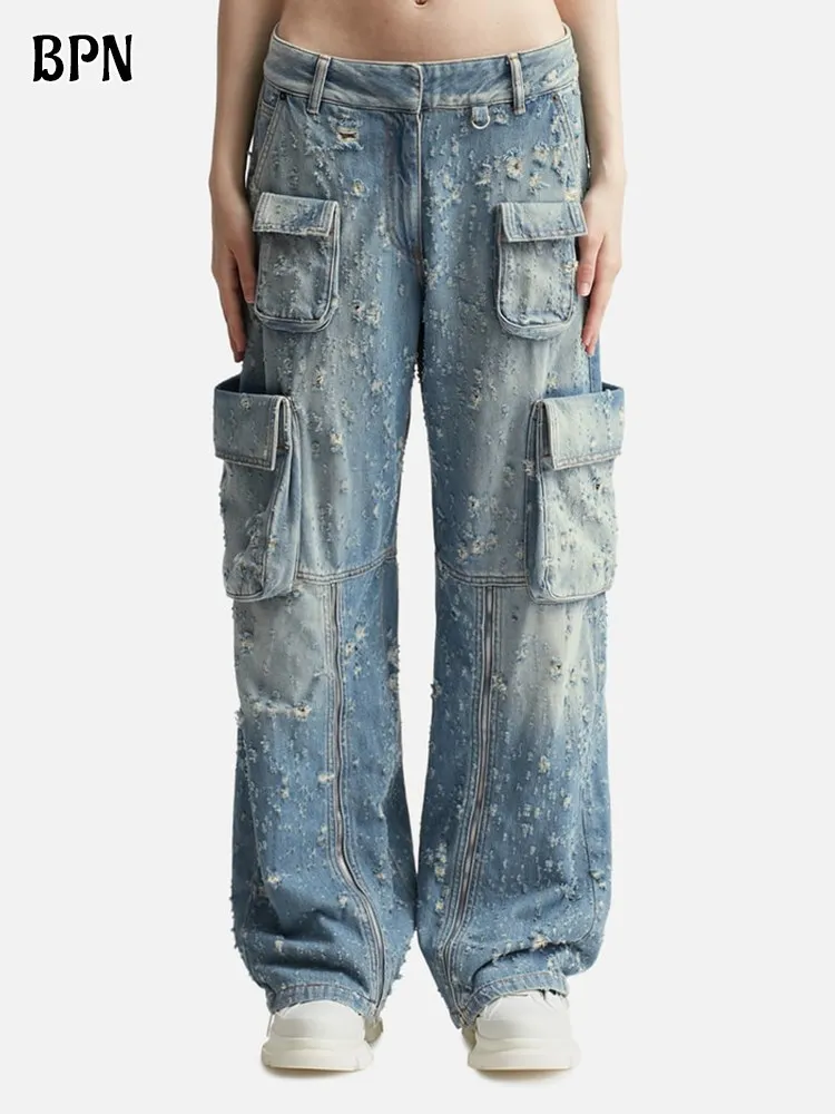 BPN Patchwork Pockets Overall Jeans For Women High Waist Soild Holes Spliced Zipper Chic Denim Wide Leg Pants Female New Style
BPN Patchwork Pockets Overall Jeans For Women High Waist Soild Holes Spliced Zipper Chic Denim Wide Leg Pants Female New Style