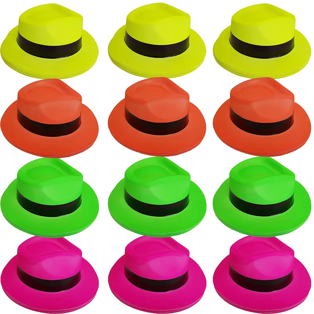 

Neon Mafia Style Gangster Fedora Hats Children's Birthday Props Supplies Favors Fluorescent Solid Black Edge For Kids And Teens