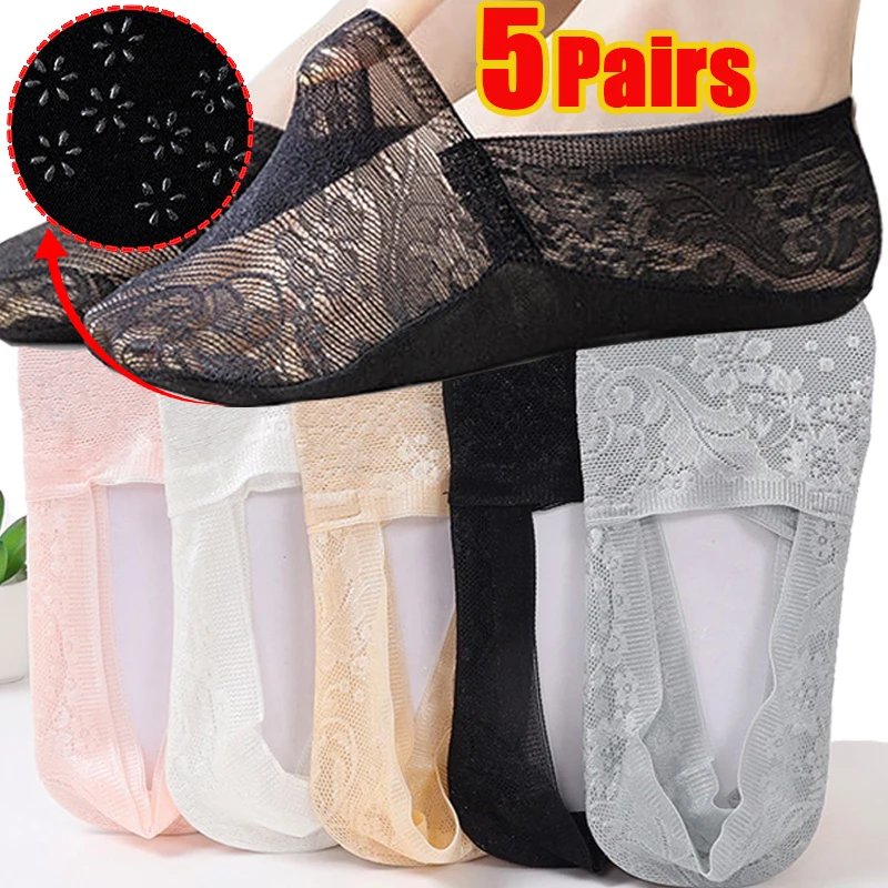 

5Pairs Summer Women Girls Socks Fashion Style Lace Flower Short Sock Silicone Non-Slip Invisible Breathable Boat Ankle Socks