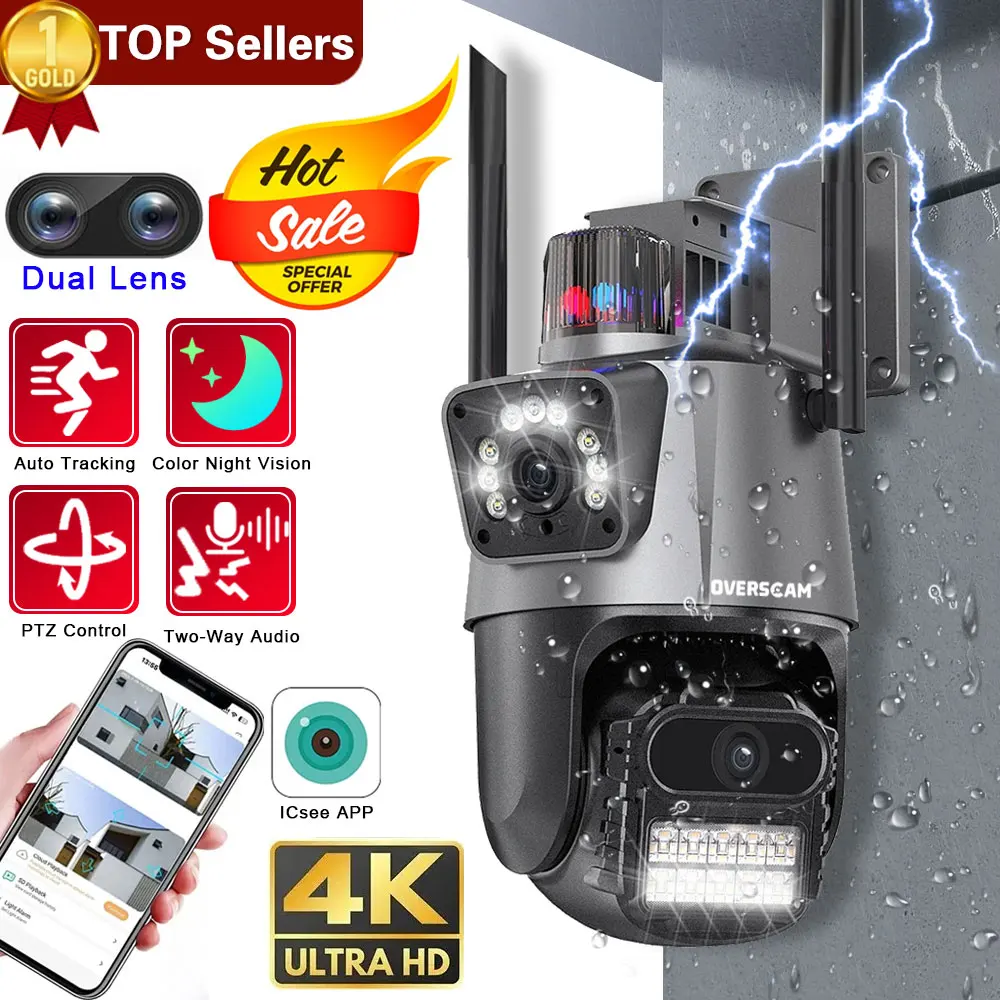 

External 8MP 4K PTZ WiFi Camera Outdoor Dual Lens CCTV Video Police Light Alarm Security Track Protection Surveillance P2P iCSee