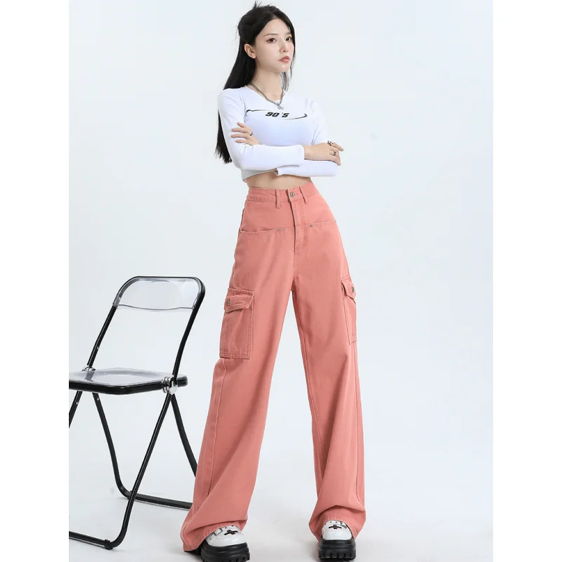 

Pink Womens Jeans High Waist Straight Baggy Denim Pants American Fashion 2024 Y2K Style Green Female Wide Leg Denim Trouser