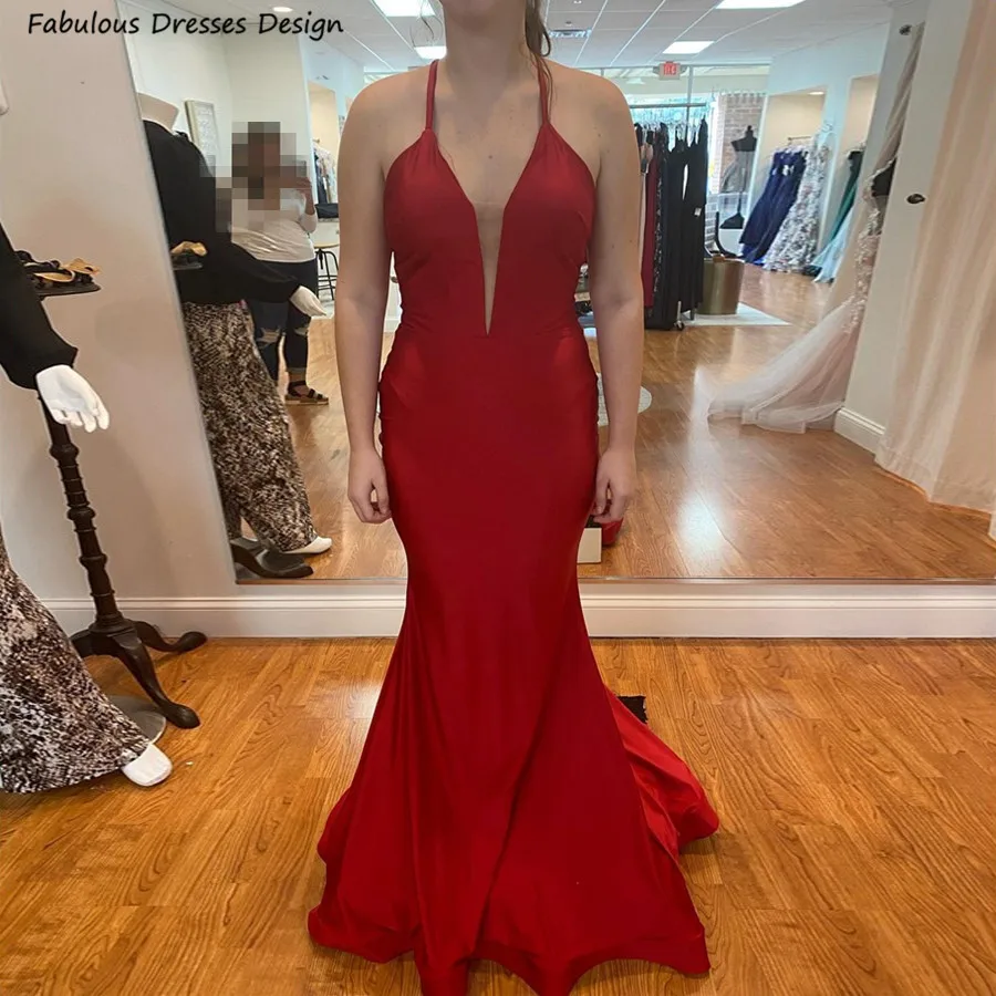 

Red Long Mermaid Bridesmaid Dresses Sexy Criss-cross Backless Sheer V-neck Trumpet Wedding Guest Dress Women Prom Party Gown