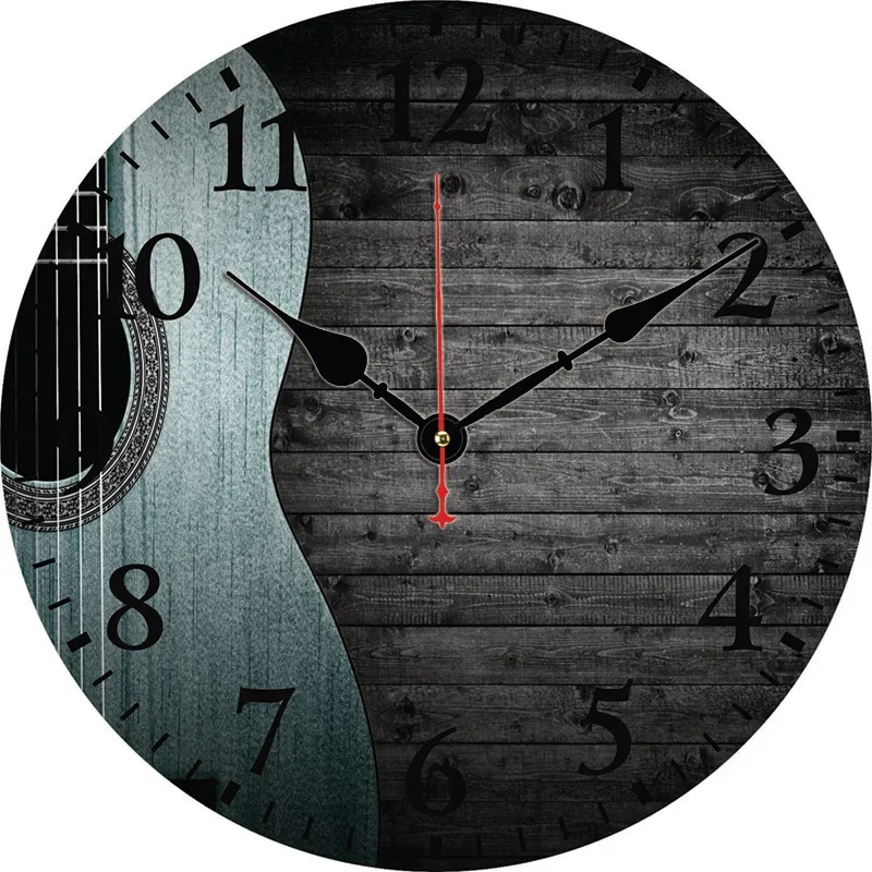 

Vintage Wood Panel Guitars Wall Clock Round Silent Clocks Wall Carfts Art Decor For Home Bedroom Living Room Office Decoration