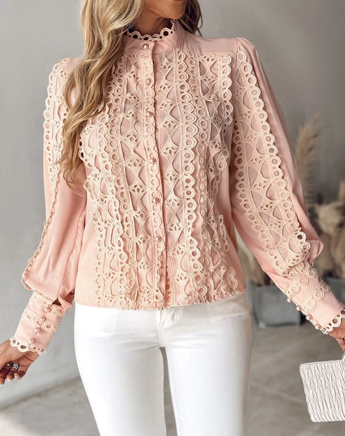 

Woman Blouse 2024 Spring Fashion Contrast Lace Stand Collar Buttoned Casual Plain Long Sleeve Button Daily Shirt Top