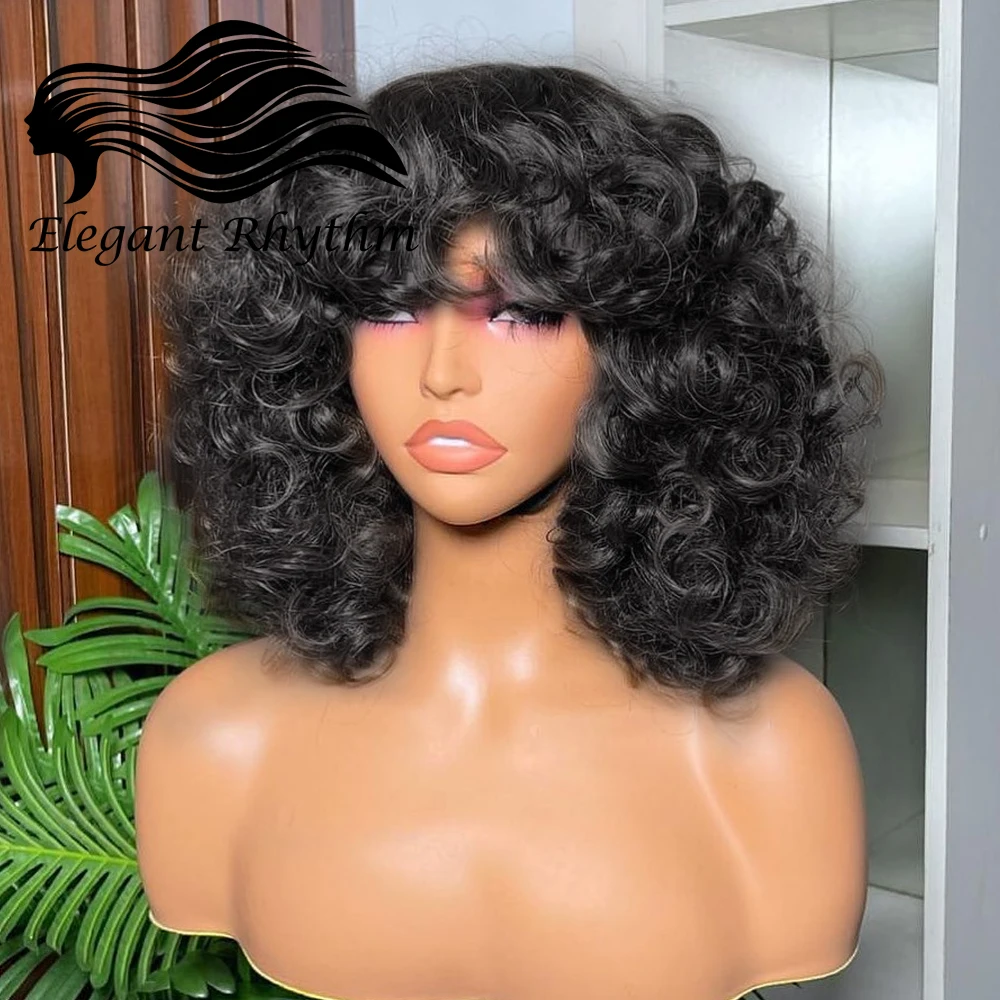 

Short Loose Curly Wigs for Black Women Fluffy Wavy Virgin Human Hair Wig with Bangs 16 Inch Big Bouncy Wigs for Daily Party Use