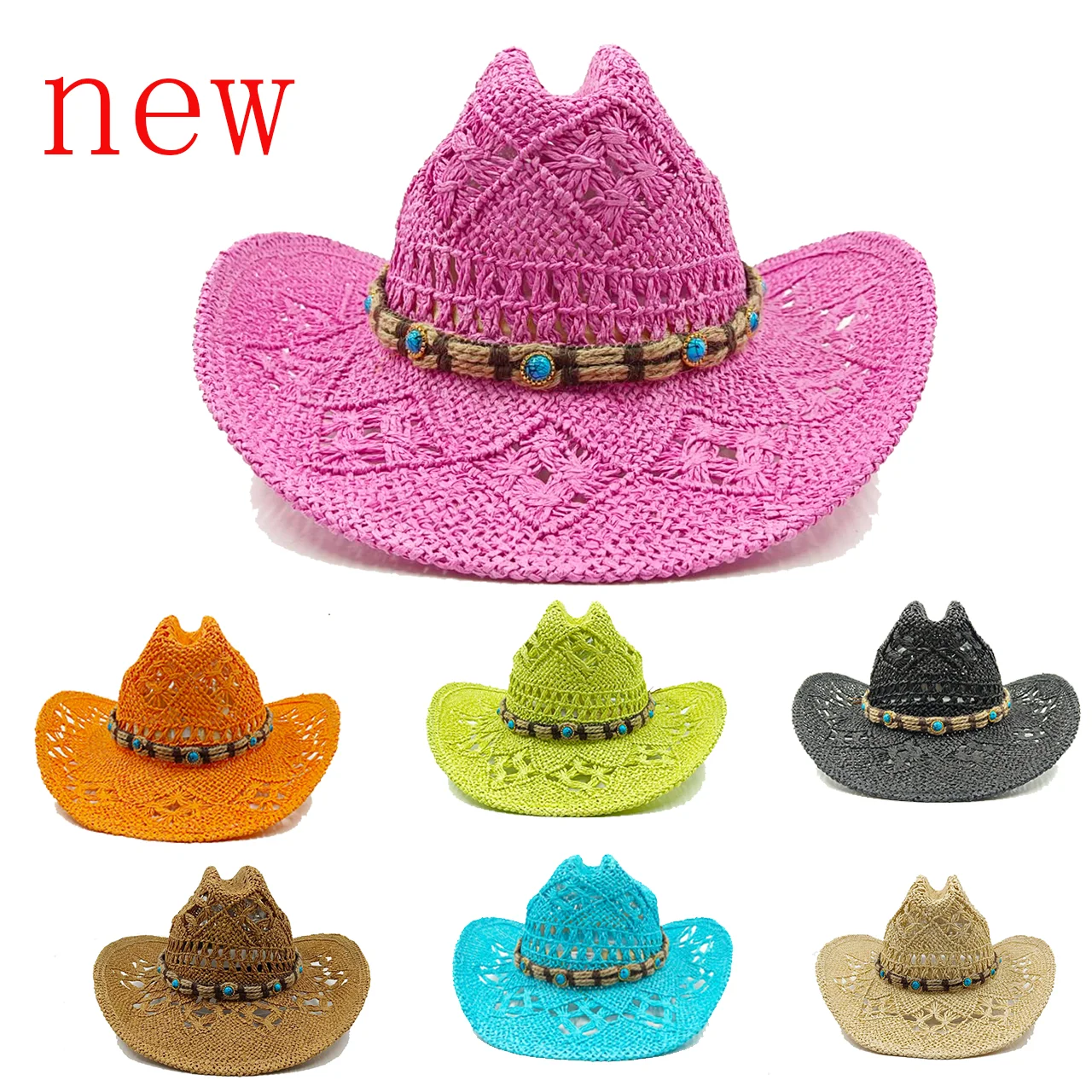 

New Colorful Summer Double Concave Denim Straw Hat Hollow Woven Men's and Women's Outdoor Sunshade Cowboy hat gorras sombreros