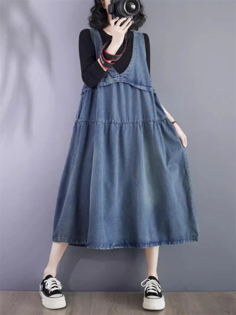 

Женское джинсовое платье-майка без рукавов, свободное платье большого размера на бретелях с V-образным вырезом, модель K311 в Корейском стиле на весну и лето, 2024