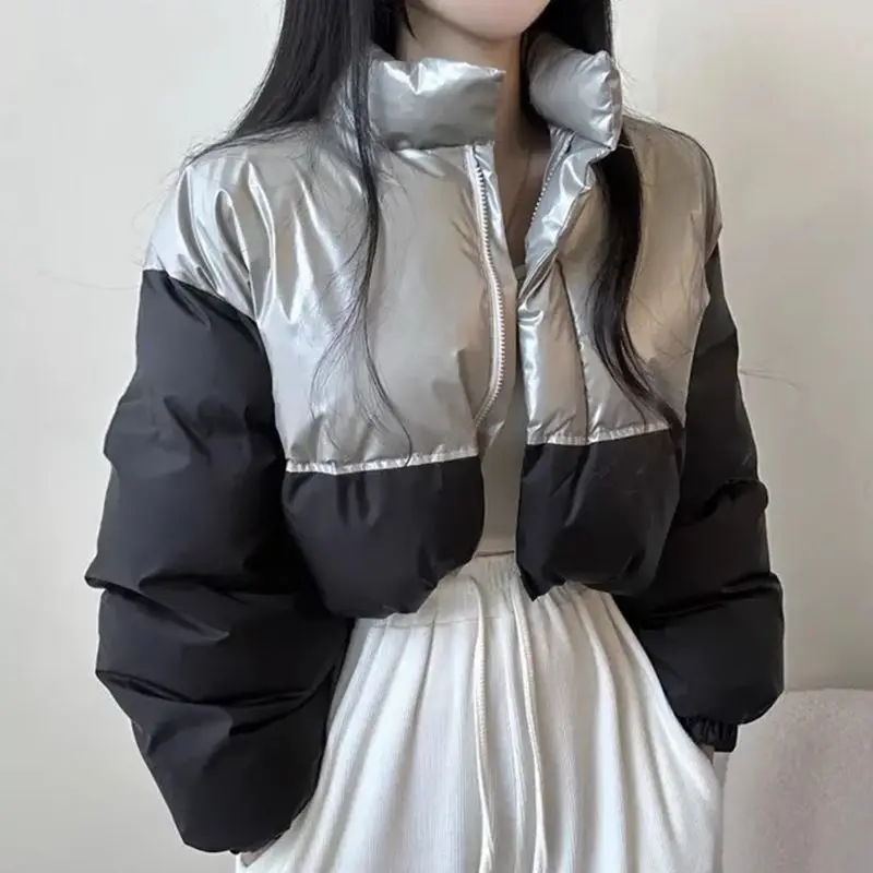 

Chic Women Autumn Winter Stand Collar Quilted Cotton Coat Silver Contrast Color Bread Cotton Jacket Short Zippers Parka Cardigan