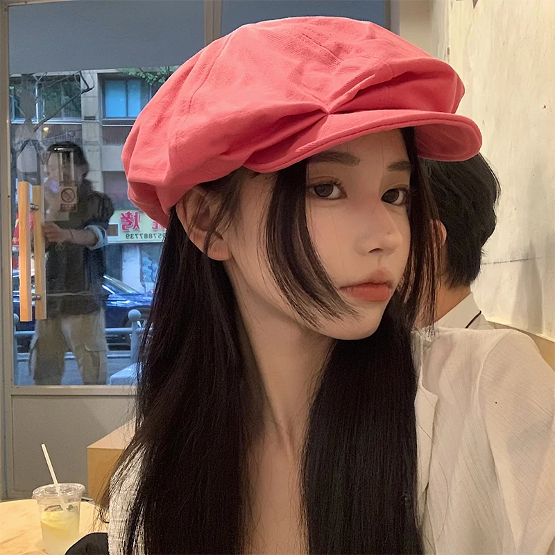 

Designer Brand Rose Red Beret Female Autumn and Winter Big Head Circumference Bud Painter Hat Show Face Small Octagonal Hat 모자