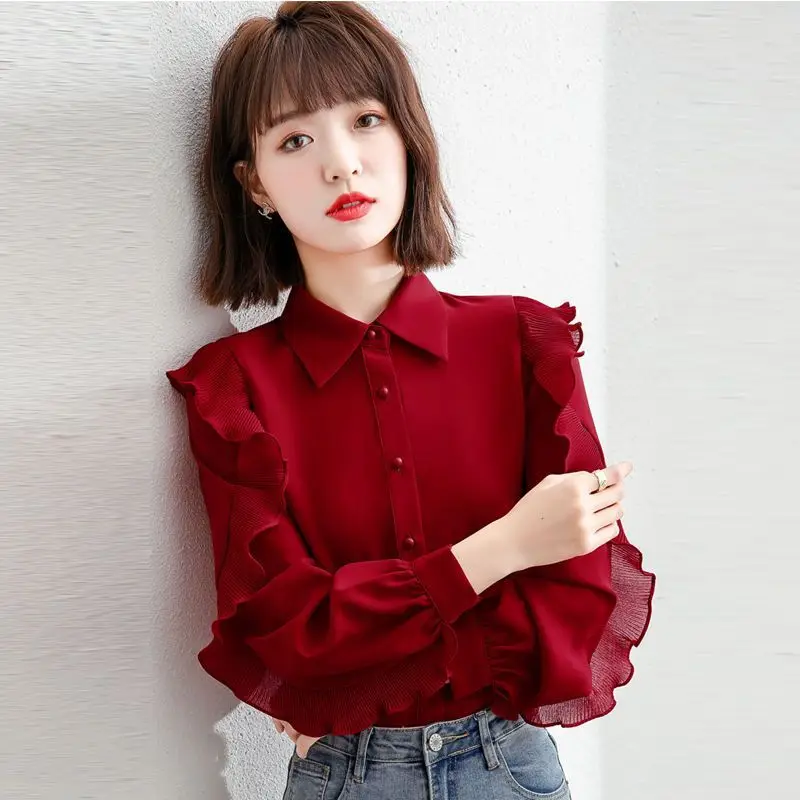 Women Spring Autumn Style Blouses Shirts Lady Casual Long Sleeve Polo Collar Solid Color Blouses Tops Ruffled Sleeve V146
Women Spring Autumn Style Blouses Shirts Lady Casual Long Sleeve Polo Collar Solid Color Blouses Tops Ruffled Sleeve V146